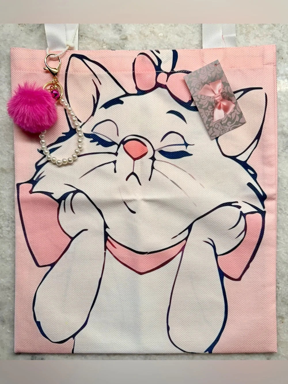 New Aristocats Marie White Cat Pink Shopping Bag Purse Tote w/ Charm - 16”